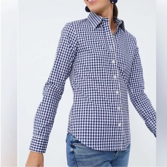 UNTUCKit Women's Belleza Button Up Long Sleeve Blue Gingham Shirt Navy White NEW - Picture 6 of 13